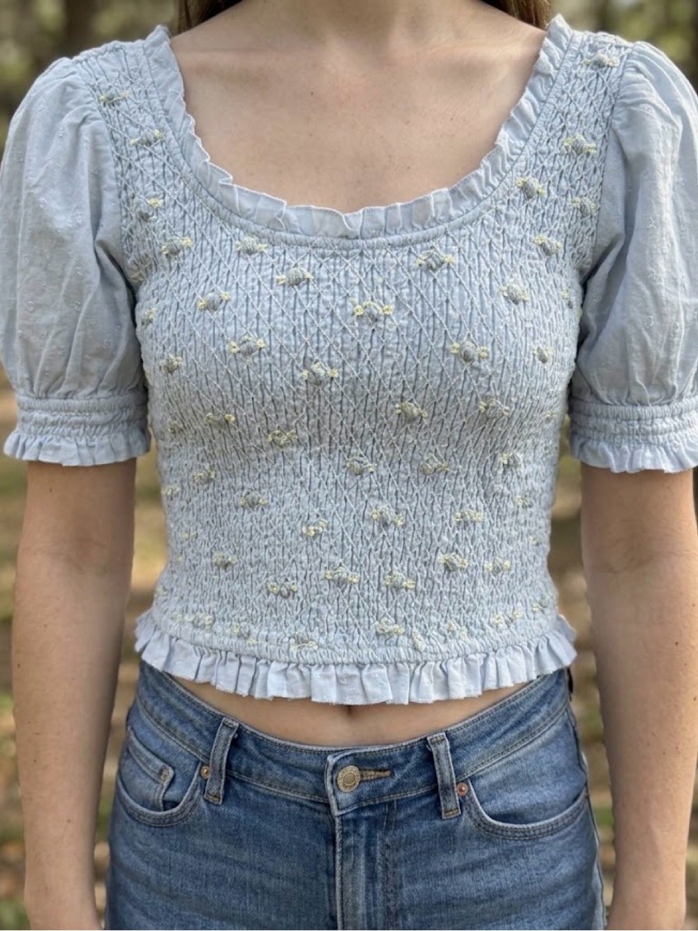 “Free People” Powder Blue Smocked Puff Sleeve Crop Top